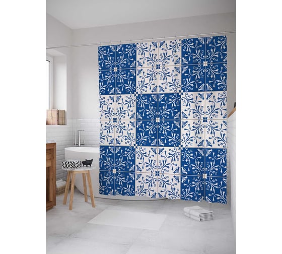 Штора (занавеска) для ванной JoyArty "Плитка с цветочными узорами" из сатена, 180х200 см с крючками, sc_17026 1