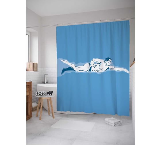 Штора (занавеска) для ванной JoyArty "Скорость пловца" из сатена, 180х200 см с крючками, sc_10915
