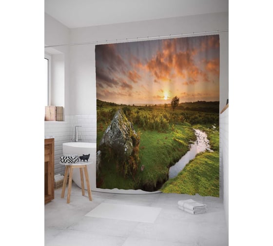 Штора (занавеска) для ванной JoyArty "Закат над скалой Девон" из сатена, 180х200 см с крючками, sc_29209 1
