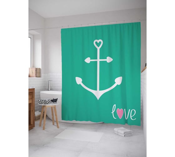 Штора (занавеска) для ванной JoyArty "Любовь и якорь" из сатена, 180х200 см с крючками, sc_15918 1