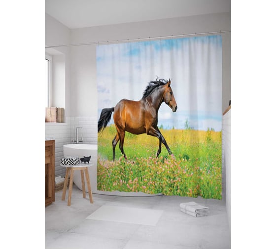 Штора (занавеска) для ванной JoyArty "Мустанг в прерии" из сатена, 180х200 см с крючками, sc_29240 1