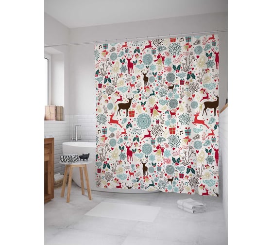 Штора (занавеска) для ванной JoyArty "Новогодние олени" из сатена, 180х200 см с крючками, sc_185481 1
