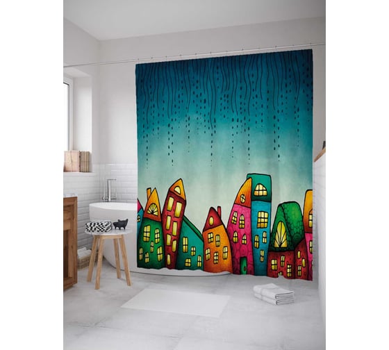 Штора (занавеска) для ванной JoyArty "Волшебный город" из сатена, 180х200 см с крючками, sc_27338 1