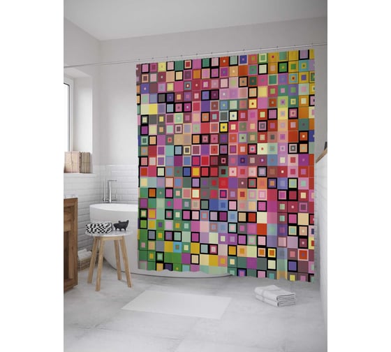 Штора (занавеска) для ванной JoyArty "Радужные квадраты" из сатена, 180х200 см с крючками, sc_28202 1