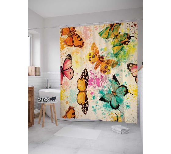 Штора (занавеска) для ванной JoyArty "Красочная композиция с бабочками" из сатена, 180х200 см с крючками, sc_15909 1