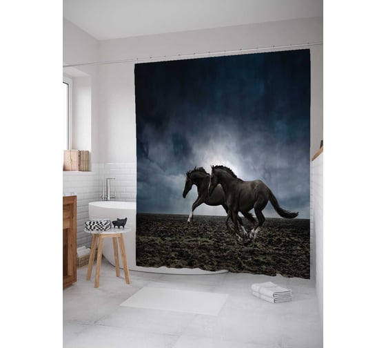 Штора (занавеска) для ванной JoyArty "Лошади соревнуются" из сатена, 180х200 см с крючками, sc_16147 1