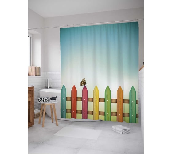 Штора (занавеска) для ванной JoyArty "Бабочка на заборчике" из сатена, 180х200 см с крючками, sc_21645 1