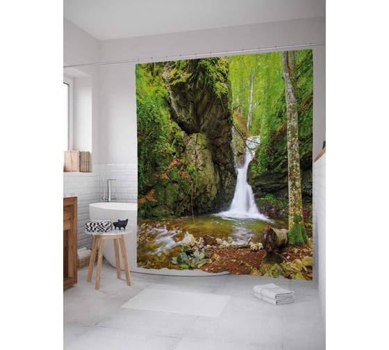 Штора (занавеска) для ванной JoyArty "Незаметный водопад" из сатена, 180х200 см с крючками, sc_21812 1