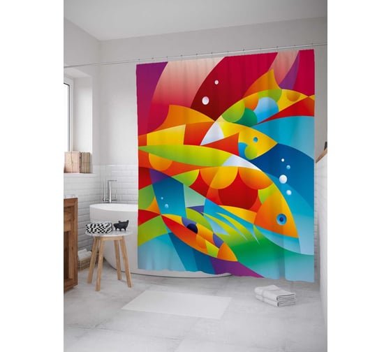 Штора (занавеска) для ванной JoyArty "Модерные рыбы" из сатена, 180х200 см с крючками, sc_21764 1