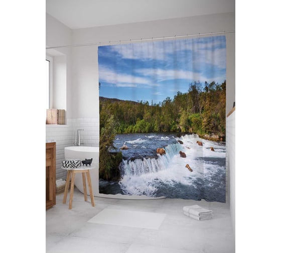 Штора (занавеска) для ванной JoyArty "Медведи на водной охоте" из сатена, 180х200 см с крючками, sc_21741