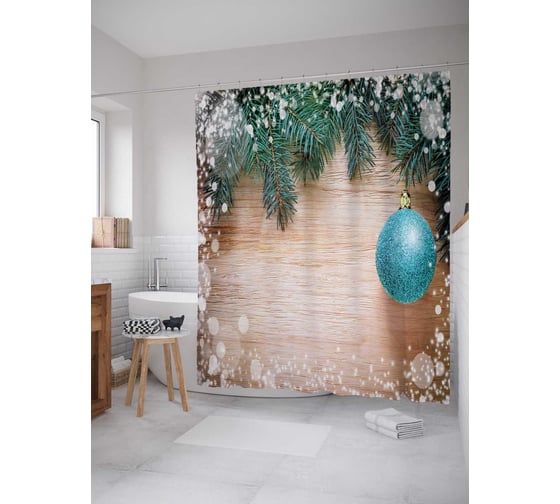 Штора (занавеска) для ванной JoyArty "Заснеженные игрушки" из сатена, 180х200 см с крючками, sc_21491