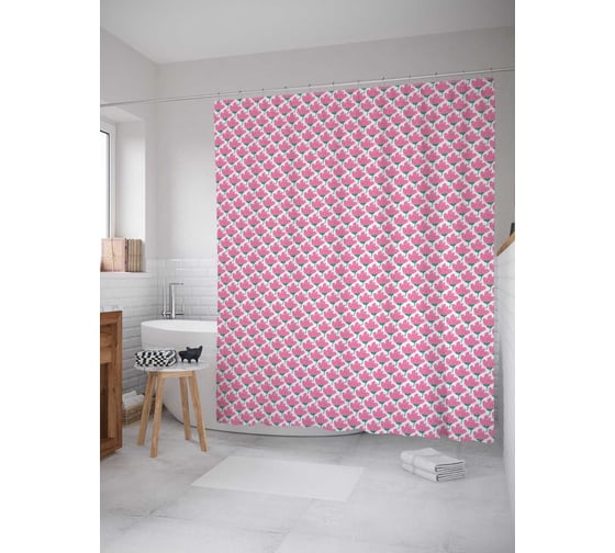 Штора (занавеска) для ванной JoyArty "Яркие розовые цветы" из сатена, 180х200 см с крючками, sc_258474 1