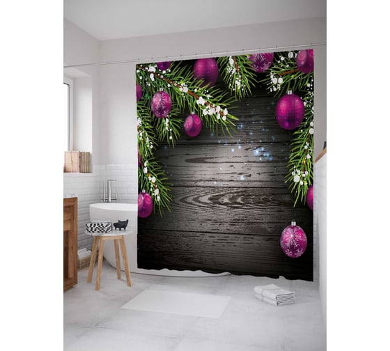 Штора (занавеска) для ванной JoyArty "Шары для елки" из сатена, 180х200 см с крючками, sc_21477 1