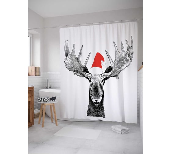 Штора (занавеска) для ванной JoyArty "Праздничный лось" из сатена, 180х200 см с крючками, sc_23350 1