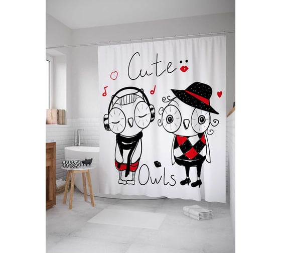 Штора (занавеска) для ванной JoyArty "Милые совы" из сатена, 180х200 см с крючками, sc_21060 1