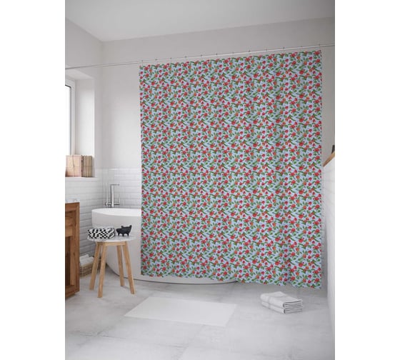 Штора (занавеска) для ванной JoyArty "Крошечные алые цветы" из сатена, 180х200 см с крючками, sc_258465 1