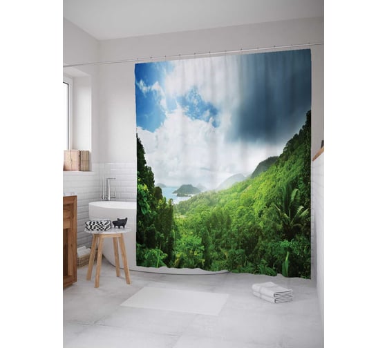 Штора (занавеска) для ванной JoyArty "Тропические джунгли" из сатена, 180х200 см с крючками, sc_29149 1