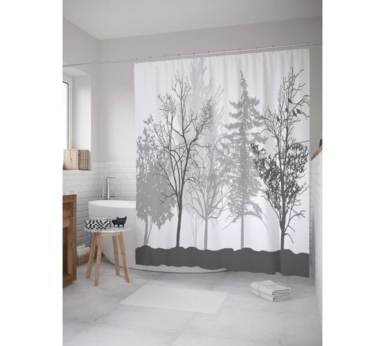 Штора (занавеска) для ванной JoyArty "Монохромный ряд деревьев" из сатена, 180х200 см с крючками, sc_27674 1