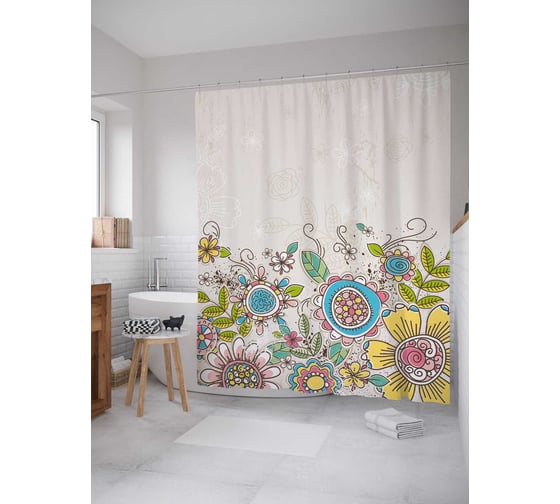Штора (занавеска) для ванной JoyArty "Цветочная роспись" из сатена, 180х200 см с крючками, sc_27736 1