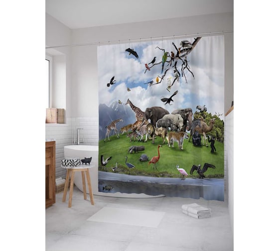 Штора (занавеска) для ванной JoyArty "Все на водопой" из сатена, 180х200 см с крючками, sc_21746 1