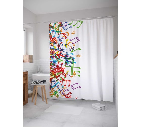 Штора (занавеска) для ванной JoyArty "Нотный беспорядок" из сатена, 180х200 см с крючками, sc_21781 1