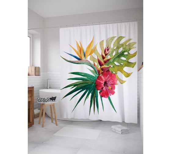 Штора (занавеска) для ванной JoyArty "Тропический букет" из сатена, 180х200 см с крючками, sc_29043 1