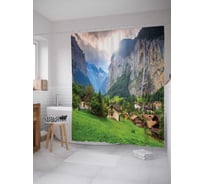 Штора (занавеска) для ванной JoyArty "Горное поселение" из сатена, 180х200 см с крючками, sc_20636