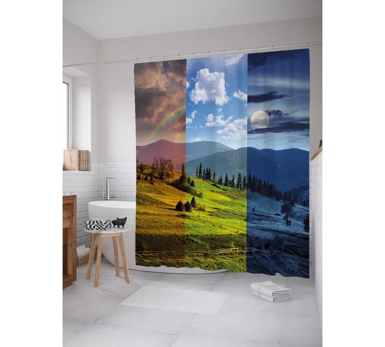 Штора (занавеска) для ванной JoyArty "Три сезона" из сатена, 180х200 см с крючками, sc_21688