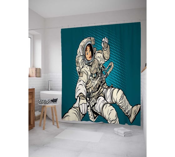 Штора (занавеска) для ванной JoyArty "Девушка-космонавт" из сатена, 180х200 см с крючками, sc_19917 1