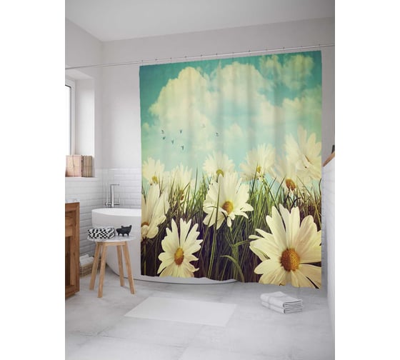Штора (занавеска) для ванной JoyArty "Ромашки под небом" из сатена, 180х200 см с крючками, sc_2394 1