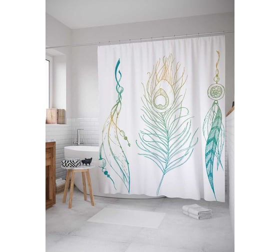 Штора (занавеска) для ванной JoyArty "Волшебные перья" из сатена, 180х200 см с крючками, sc_20242 1
