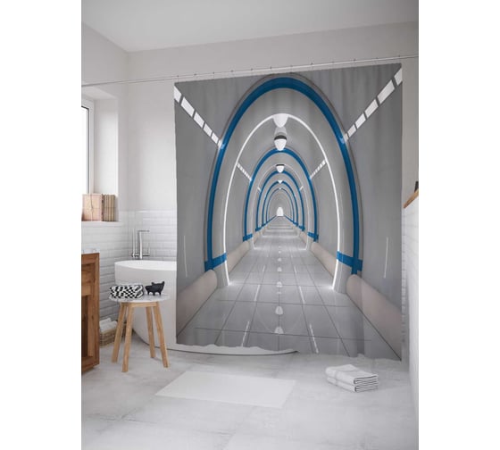 Штора (занавеска) для ванной JoyArty "Тоннель будущего" из сатена, 180х200 см с крючками, sc_21675