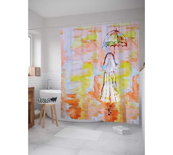 Штора (занавеска) для ванной JoyArty "Дама уходит с зонтом" из сатена, 180х200 см с крючками, sc_19882 1