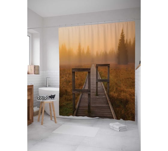 Штора (занавеска) для ванной JoyArty "Утро в еловом бору" из сатена, 180х200 см с крючками, sc_16096 1