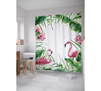 Штора (занавеска) для ванной JoyArty "Фламинго в окружении тропиков" из сатена, 180х200 см с крючками, sc_122815