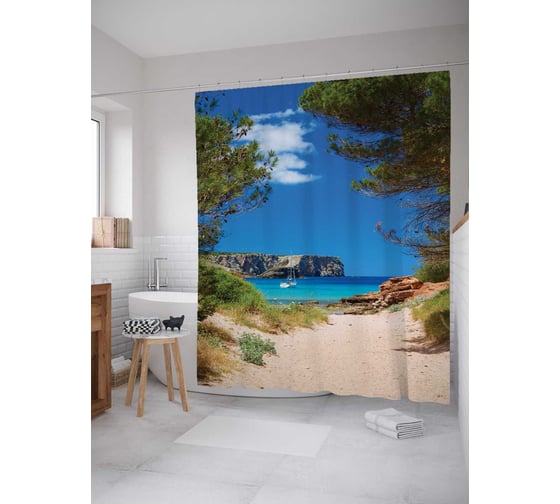 Штора (занавеска) для ванной JoyArty "Остров совсем близко" из сатена, 180х200 см с крючками, sc_16129 1