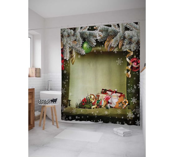 Штора (занавеска) для ванной JoyArty "Рождественский коллаж" из сатена, 180х200 см с крючками, sc_21458 1