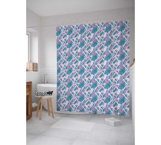 Штора (занавеска) для ванной JoyArty "Рыбка среди листьев" из сатена, 180х200 см с крючками, sc_156867 1