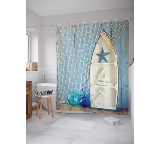 Штора (занавеска) для ванной JoyArty "Сеть и лодка" из сатена, 180х200 см с крючками, sc_19711 1