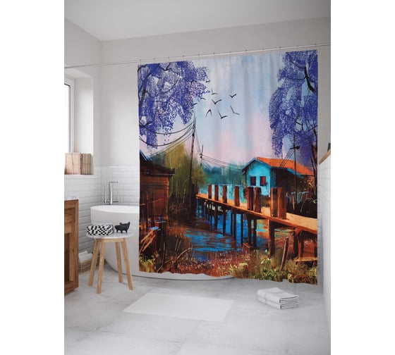 Штора (занавеска) для ванной JoyArty "Уютный домик" из сатена, 180х200 см с крючками, sc_19692 1