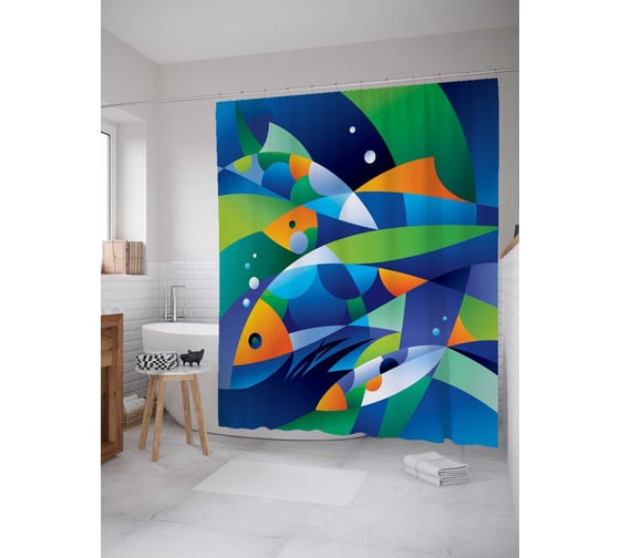 Штора (занавеска) для ванной JoyArty "Красочная иллюзия с рыбами" из сатена, 180х200 см с крючками, sc_19650 1