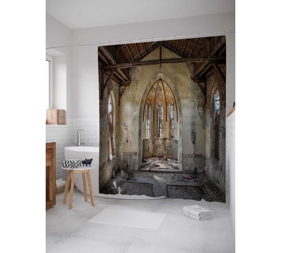 Штора (занавеска) для ванной JoyArty "Забытый замок" из сатена, 180х200 см с крючками, sc_21333