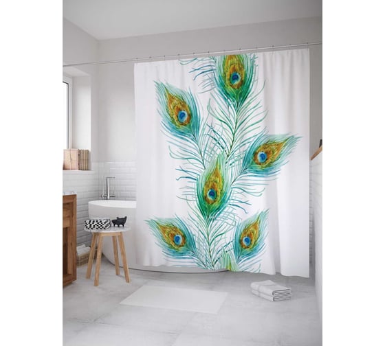 Штора (занавеска) для ванной JoyArty "Перьевое растение" из сатена, 180х200 см с крючками, sc_20222 1