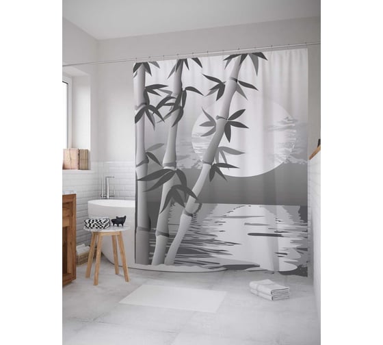 Штора (занавеска) для ванной JoyArty "Бамбук на солнце" из сатена, 180х200 см с крючками, sc_15762