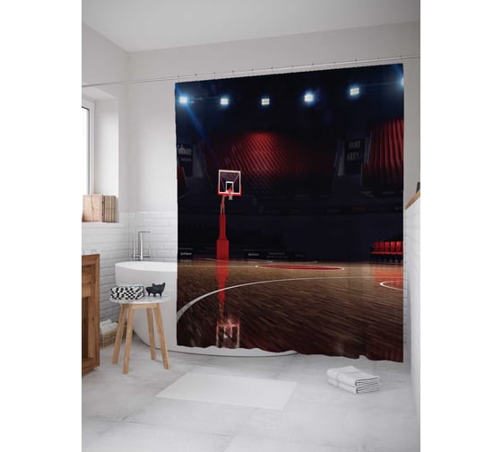 Штора (занавеска) для ванной JoyArty "Пустой баскетбольный зал" из сатена, 180х200 см с крючками, sc_16535 1