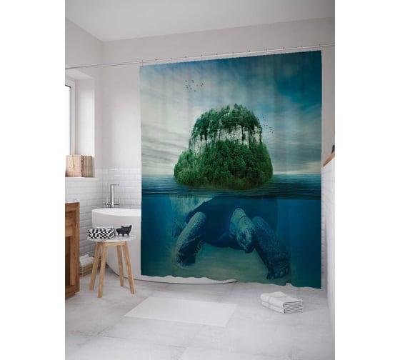 Штора (занавеска) для ванной JoyArty "Остров на черепахе" из сатена, 180х200 см с крючками, sc_11896 1