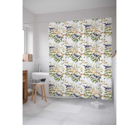 Штора (занавеска) для ванной JoyArty "Птицы на ветке" из сатена, 180х200 см с крючками, sc_185485 1