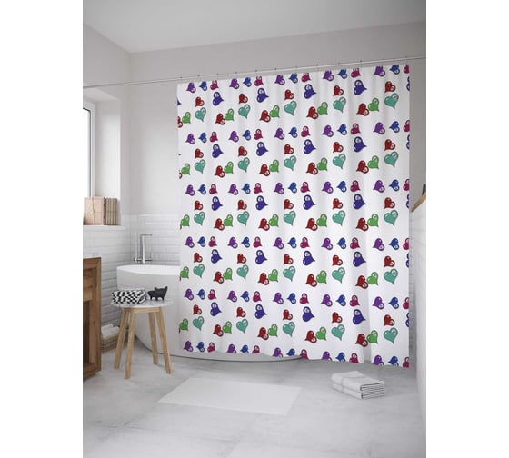 Штора (занавеска) для ванной JoyArty "Летящие сердца" из сатена, 180х200 см с крючками, sc_10068 1