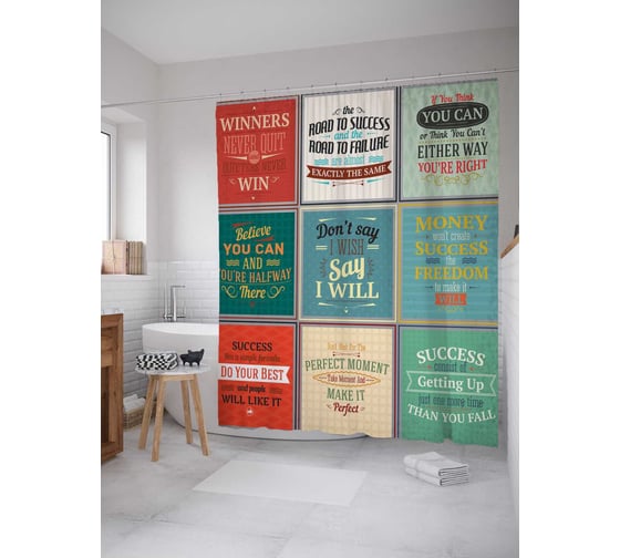 Штора (занавеска) для ванной JoyArty "Правила победителя" из сатена, 180х200 см с крючками, sc_16011 1