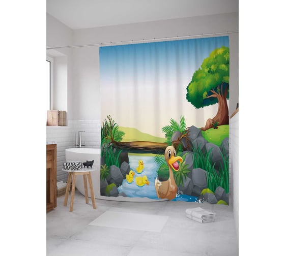 Штора (занавеска) для ванной JoyArty "Утиная радость" из сатена, 180х200 см с крючками, sc_22355 1